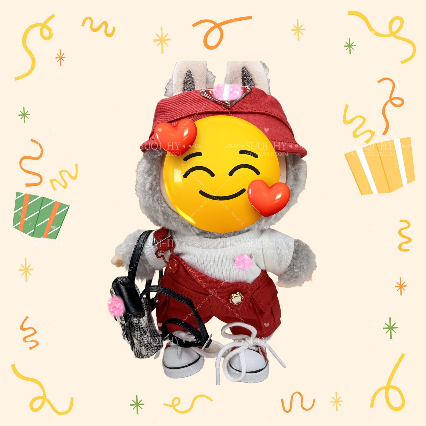 17cm Enamelled Rubber Plush Doll Clothes, Backpack and Glasses - Compatible with v1, v2, v3