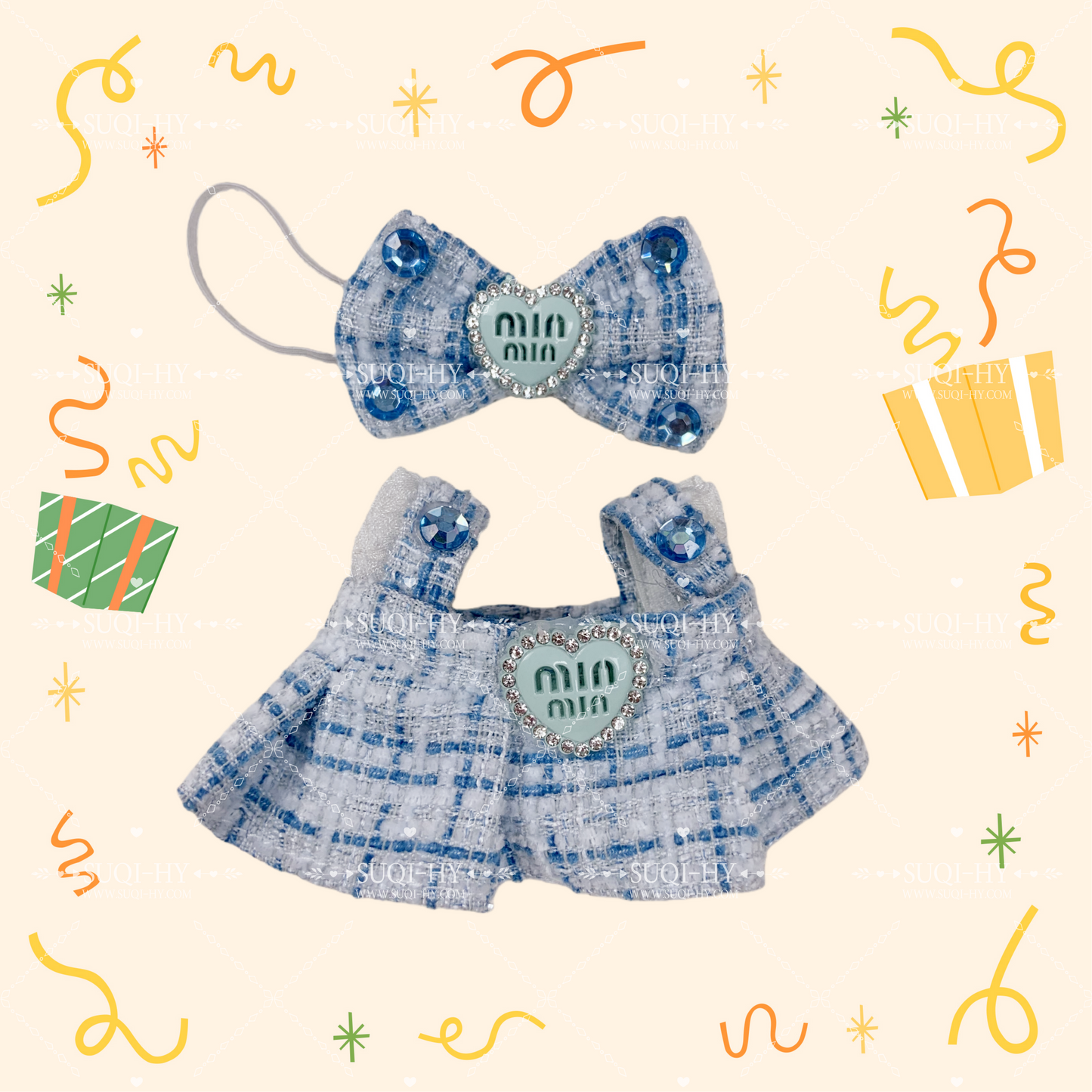 A dress set that girls really like, decorated with bows and paired with a bag, looks great and is suitable for a 17cm LBB