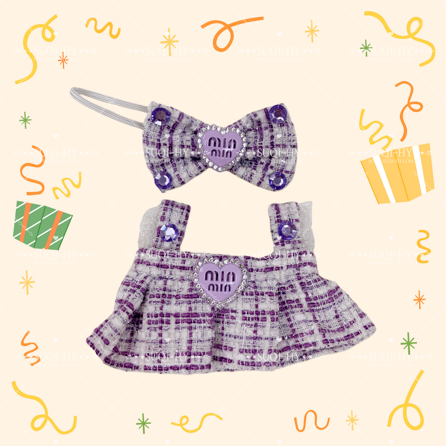 A dress set that girls really like, decorated with bows and paired with a bag, looks great and is suitable for a 17cm LBB