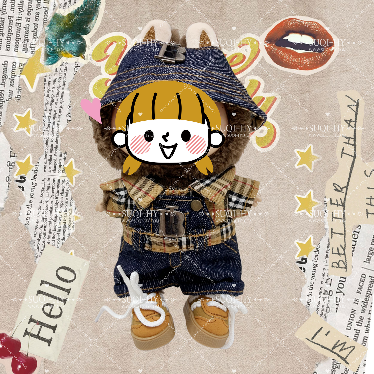 BURB... Style checkered set with one hat and two different ways of wearing, handmade customization suitable for LBBs up to 17cm