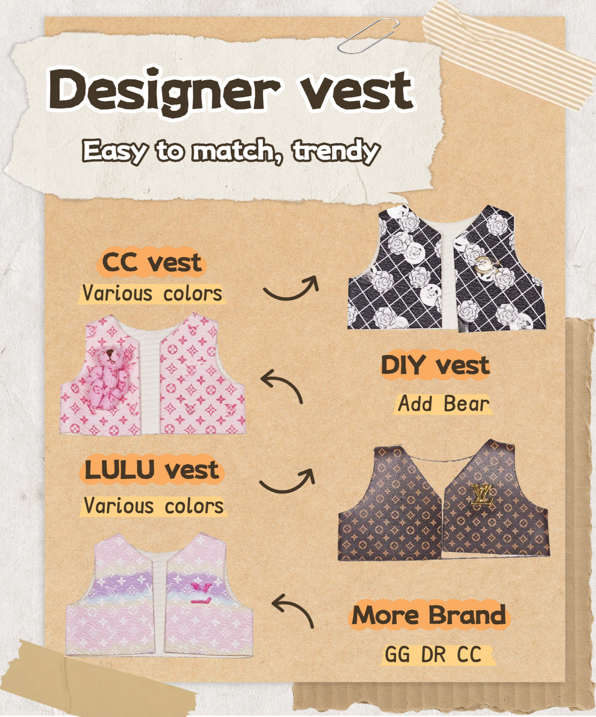 Designer vest: suitable for various combinations of 17cm plush toys or 10cm body dolls