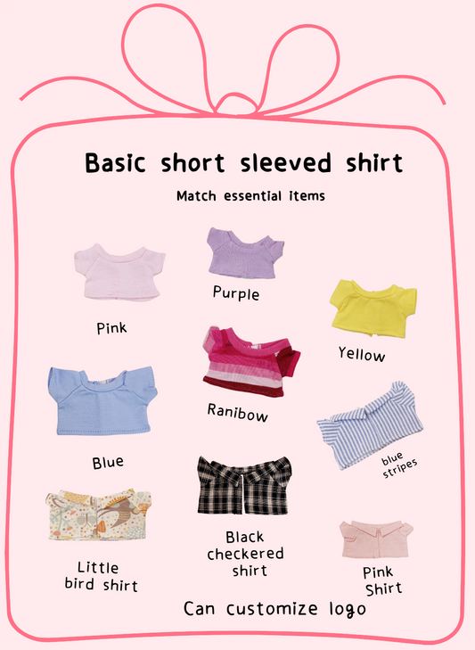 Clothing Accessories：Solid color, striped T-shirt, solid color, patterned, checkered shirt, suitable for plush toys with a body size of 17cm LBB or 10cm