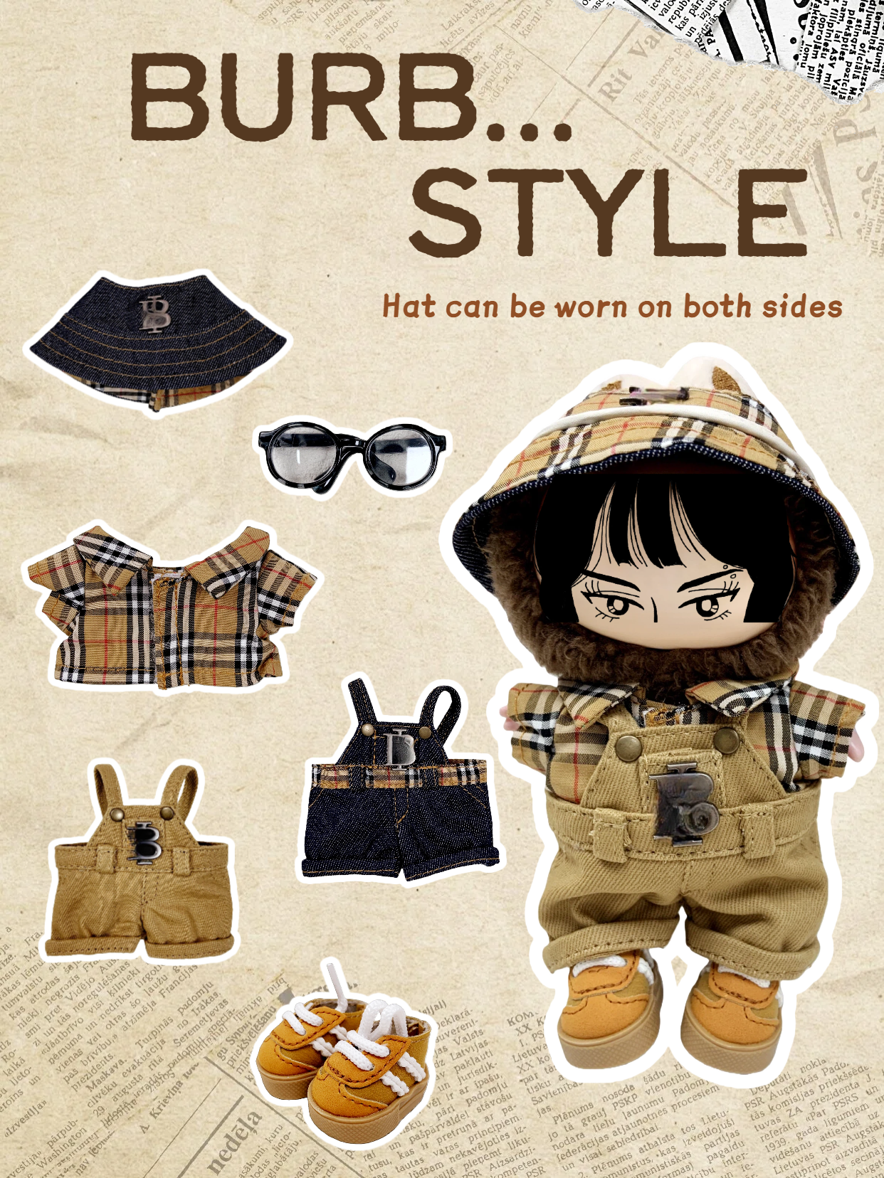 BURB... Style checkered set with one hat and two different ways of wearing, handmade customization suitable for LBBs up to 17cm